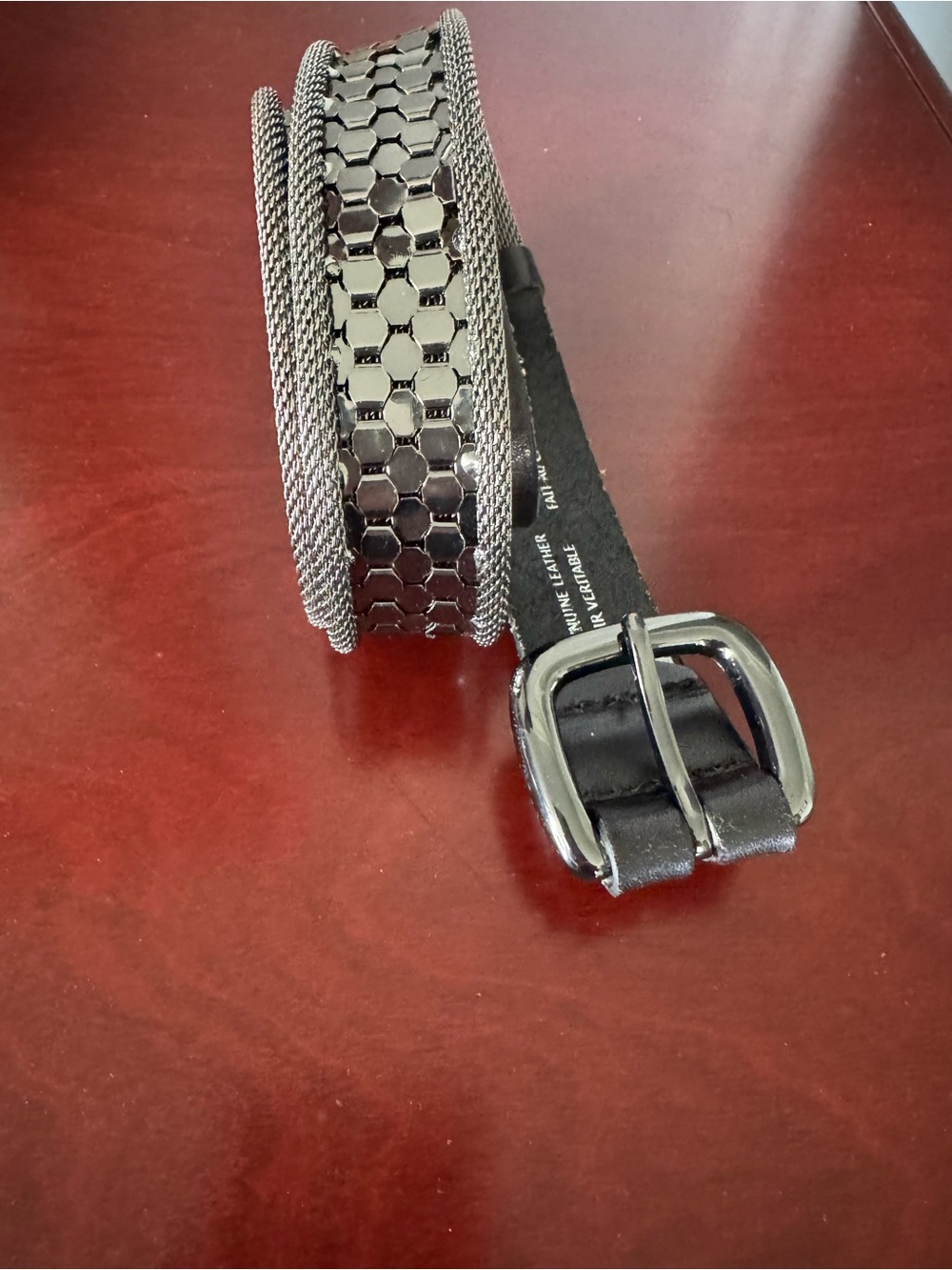 Vintage Danier well made Black Metal Mesh Belt with Hex Accent. 40” long
